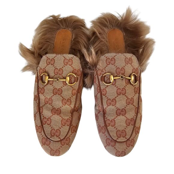 Gucci GG Monogram Princetown Horsebit Fur Lined Mule Flat Size 37.5 Beige Brown - Picture 2 of 9